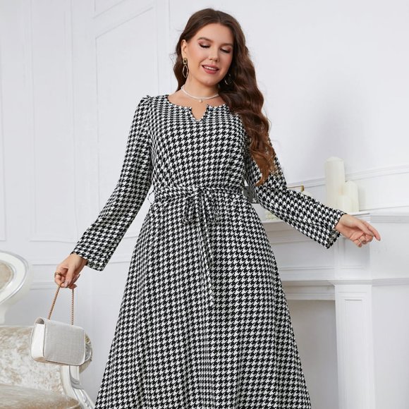 Melo Apparel Plus Size Notched Neck Houndstooth Tie Belt Maxi Dress - Picture 2 of 7